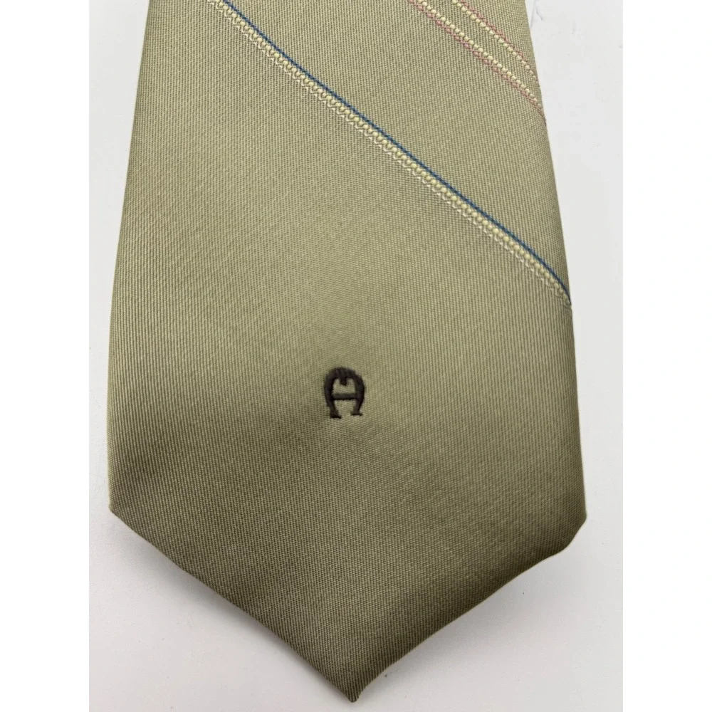 Vintage Etienne Aigner Men's Tie Taupe Beige Diagonal Stripe Embroidered Logo